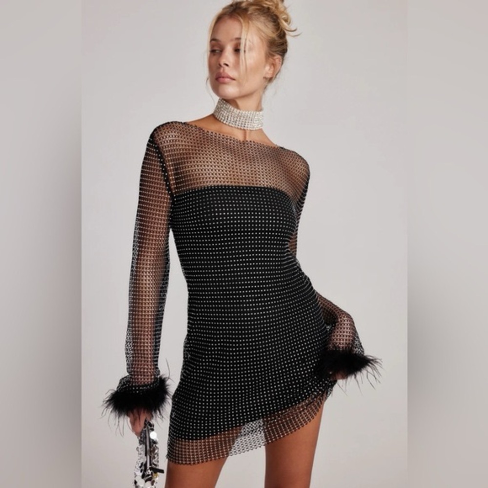 12th Tribe Martini Black Mesh Dress with Feather Cuffs - L